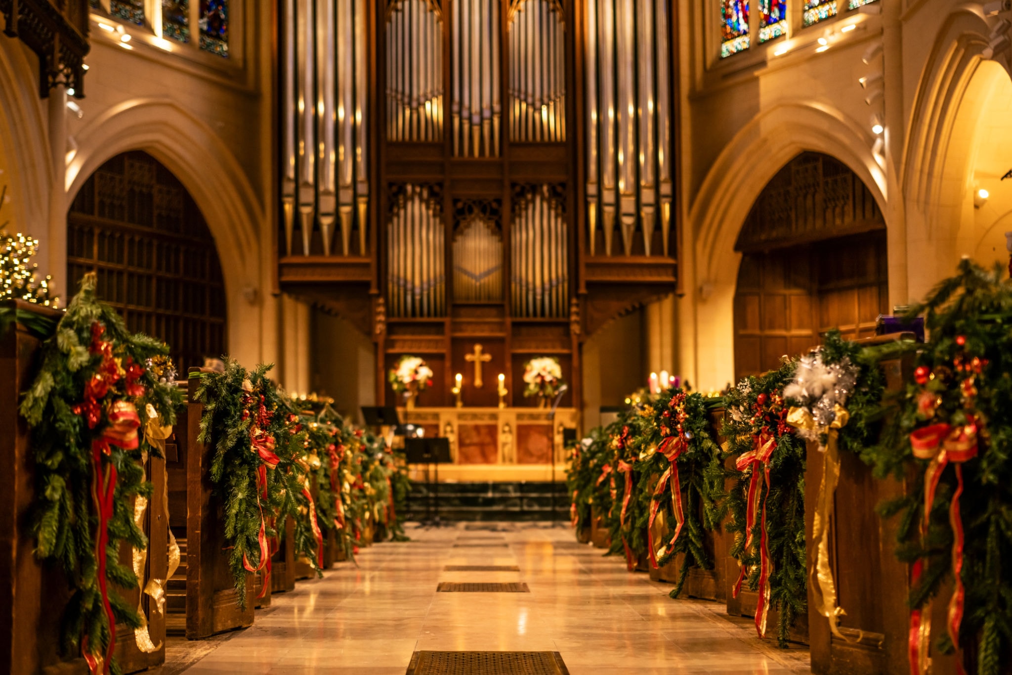 Church interior with pews