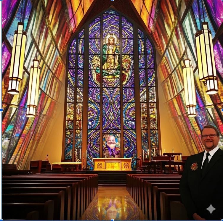 Dr. Scott before a magnificent stained glass window