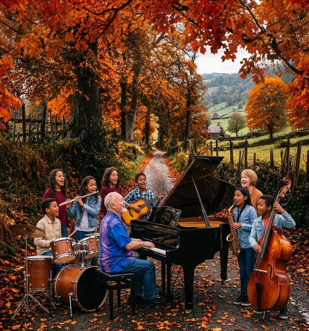 Dr. Arthur George Scott performing outdoors at a grand piano surrounded by children playing instruments in an autumn landscape