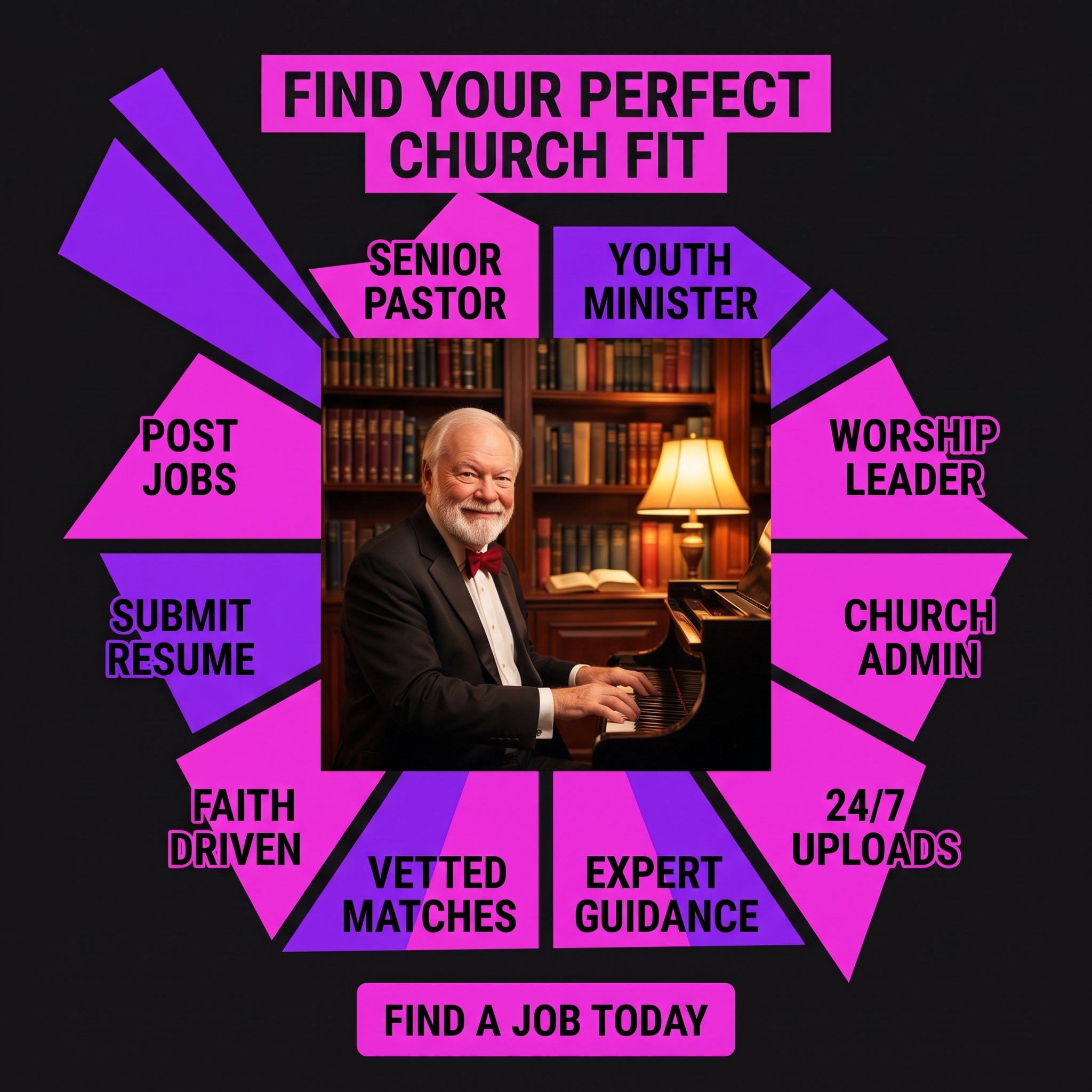 Find Your Perfect Church Fit — Senior Pastor, Youth Minister, Worship Leader, Church Admin, Post Jobs, Submit Resume, Vetted Matches, Expert Guidance, Faith Driven, 24/7 Uploads